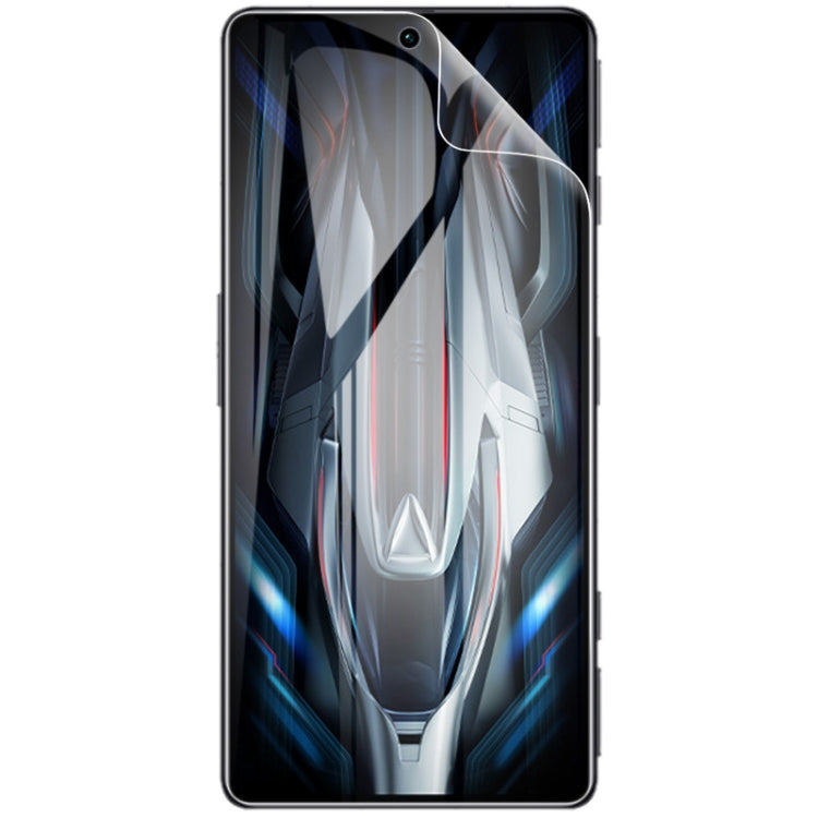 Curved hydrogel front protector film covering a smartphone screen, clear finish
