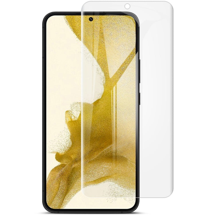 Curved full-screen hydrogel front protector film on a smartphone with gold wallpaper