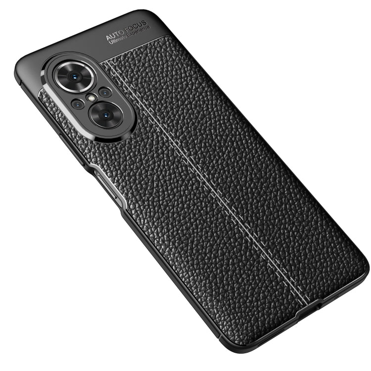 Black litchi-texture TPU phone case with dual camera cutouts and reinforced bumper edges