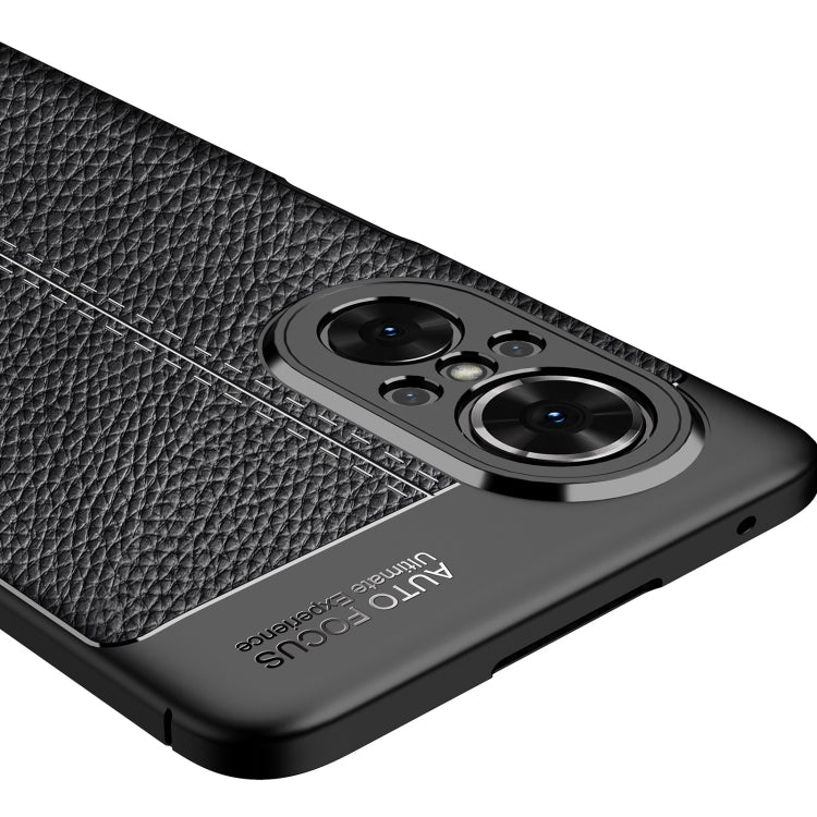 Close-up of black litchi-texture TPU case with dual camera lenses and precise port cutouts