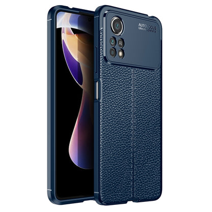 Blue litchi-texture TPU phone case with dual camera cutouts and protective front bumper