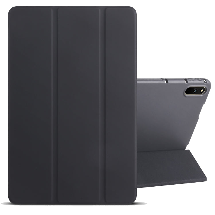 3-fold tablet case in dark material with tri-fold cover and corner cutout, black