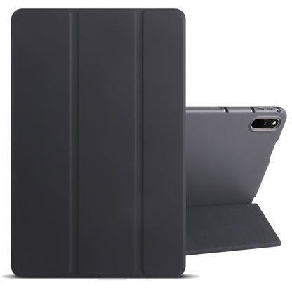 3-fold tablet case in dark material with tri-fold cover and corner cutout, black