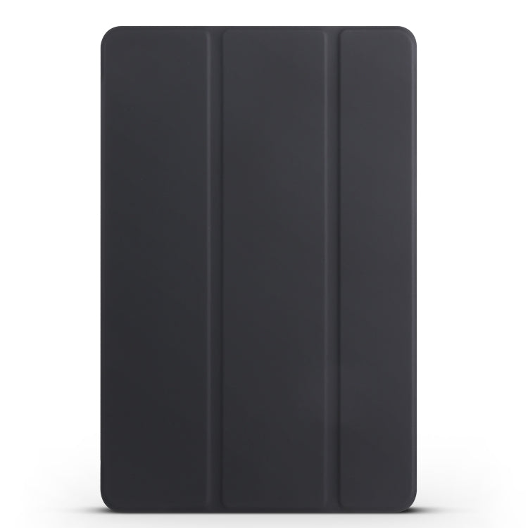Tri-fold tablet case with smooth dark cover and vertical fold lines, black