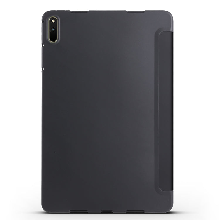 Dark tri-fold tablet case with camera cutout on back, black