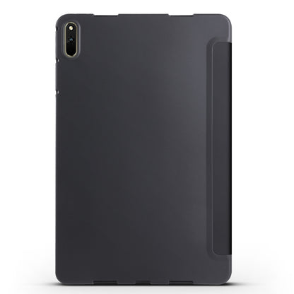 Dark tri-fold tablet case with camera cutout on back, black