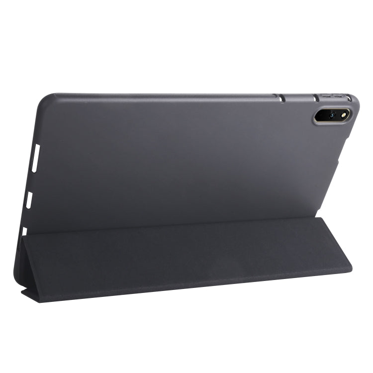 Dark tri-fold tablet case with stand mode and side cutouts, black