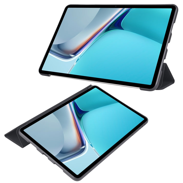 Tri-fold tablet case open in stand position with tablet screen view, dark cover