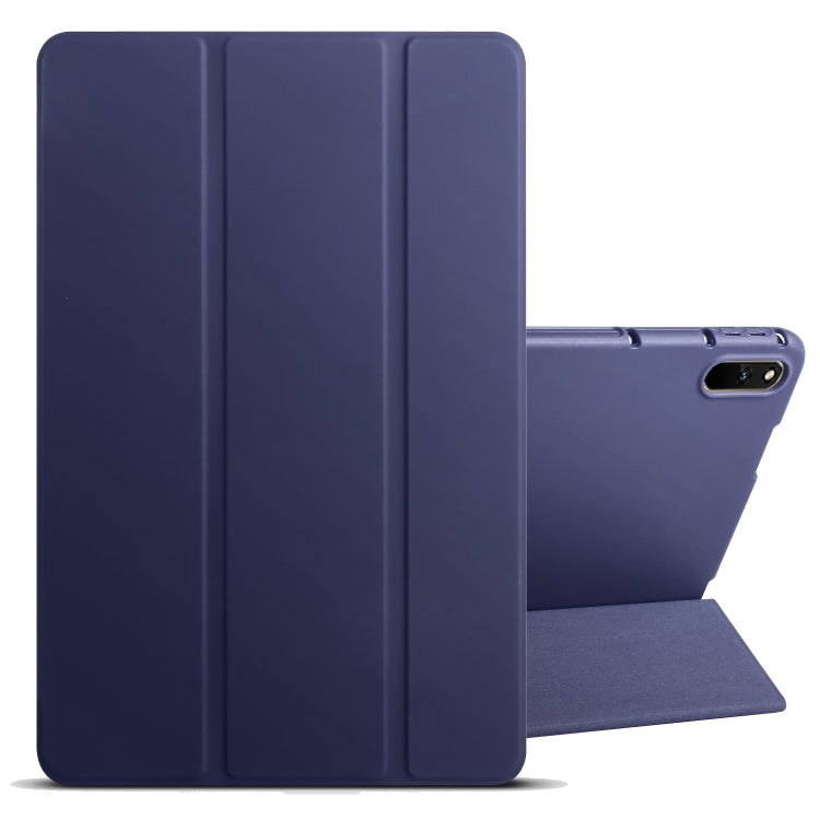 Tri-fold tablet case with side camera cutout and stand flap, dark blue