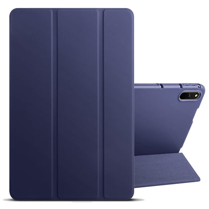 Tri-fold tablet case with side camera cutout and stand flap, dark blue