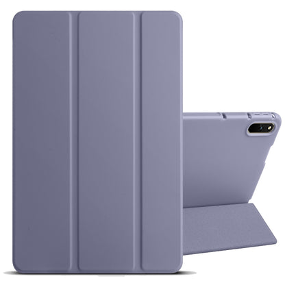 Tri-fold tablet case with vertical fold lines and stand flap, light purple