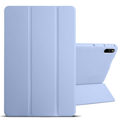 Tri-fold tablet case with stand flap and vertical folds, light blue