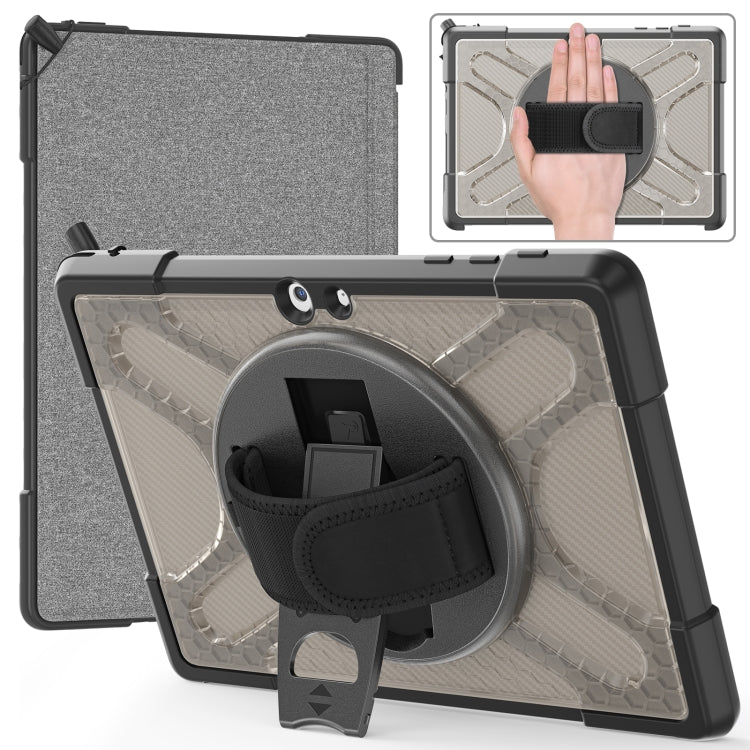 Tablet case with gray fabric back and black hand-strap kickstand, TPU/PC hybrid