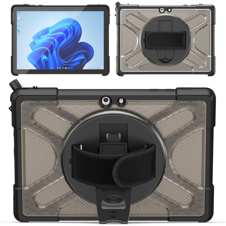 Gray-and-black tablet case with circular strap holder and kickstand, TPU/PC hybrid