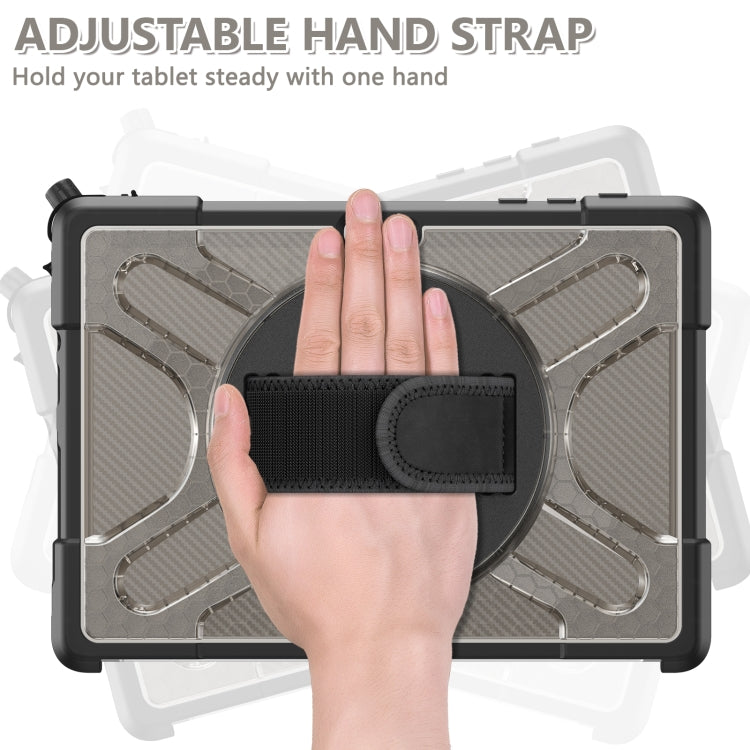 Tablet case with clear front and black adjustable hand strap on circular stand