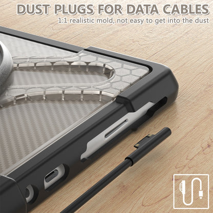 Tablet case with dark frame and side port covers with dust plugs