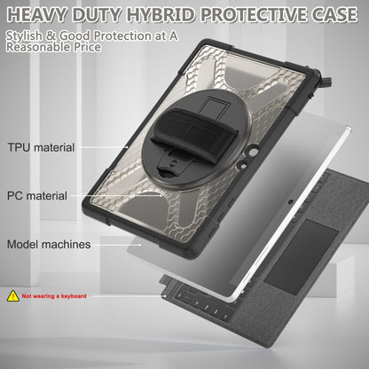 Tablet case with clear front, black hand-strap holder, and gray fabric back panel
