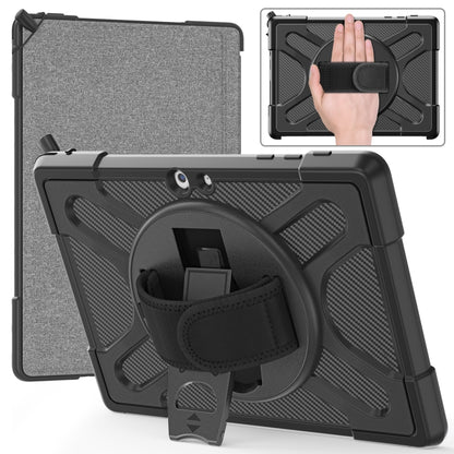 Tablet case with dark textured front and gray fabric back with circular strap holder