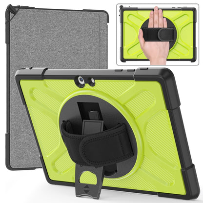 Yellow-green TPU tablet case with kickstand and hand strap, with gray fabric cover.
