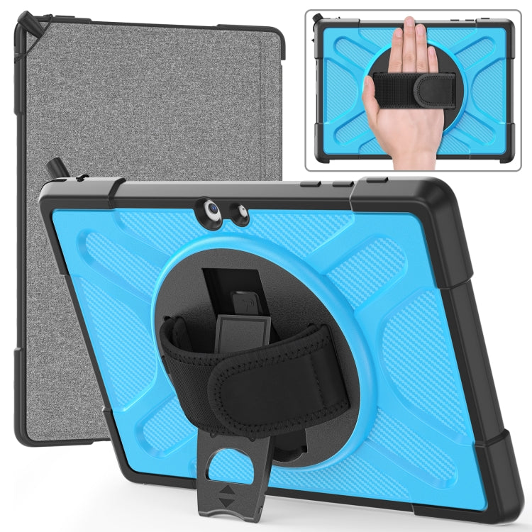Blue TPU tablet case with kickstand and hand strap, with gray fabric cover.