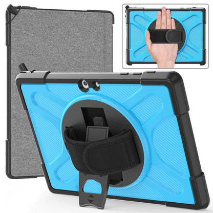 Blue TPU tablet case with kickstand and hand strap, with gray fabric cover.