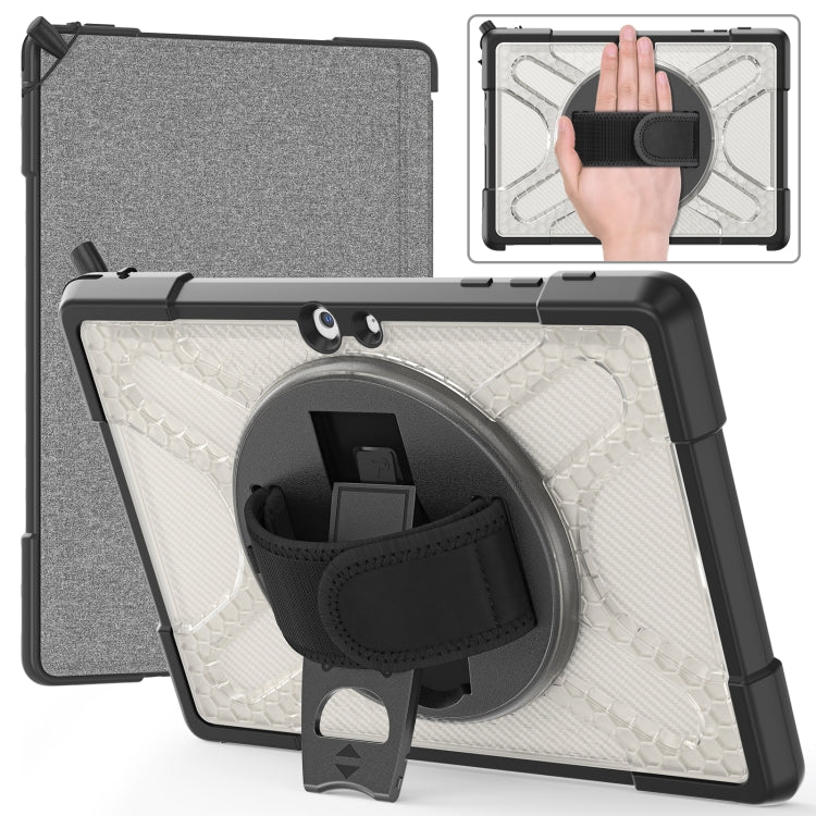 White TPU tablet case with kickstand and hand strap, with gray fabric cover.
