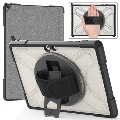 White TPU tablet case with kickstand and hand strap, with gray fabric cover.