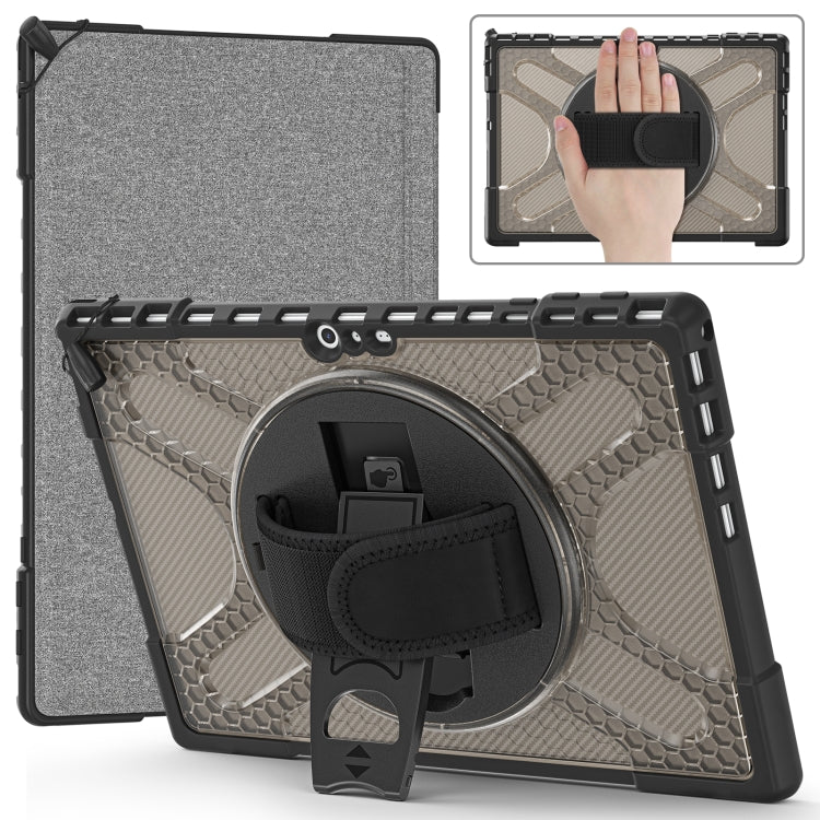 Tablet case with gray fabric back and black hand-strap kickstand, TPU/PC hybrid