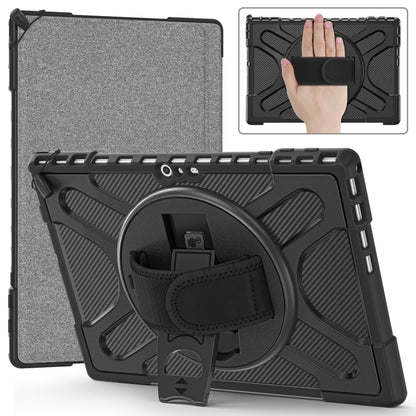 Tablet case with gray fabric back and black kickstand plus hand-strap holder