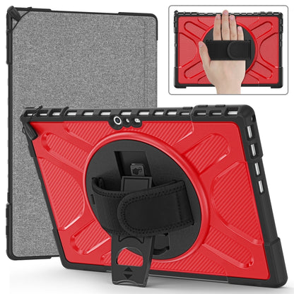 Red TPU tablet case with kickstand and hand strap, shown in angled view.