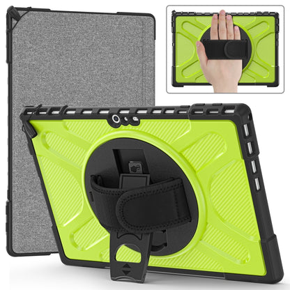 Yellow-green TPU tablet case with kickstand and hand strap, shown in angled view.