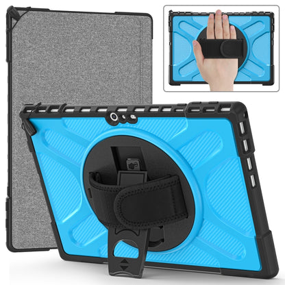 Blue TPU tablet case with kickstand and hand strap, shown in angled view.