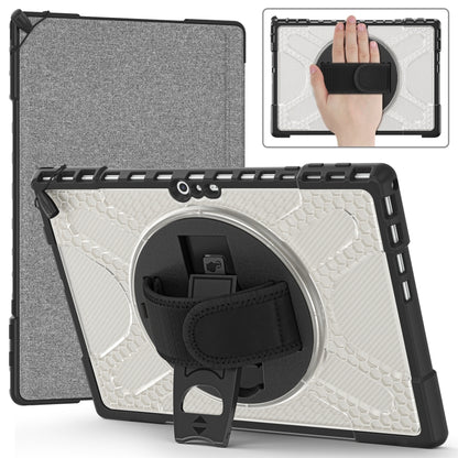White TPU tablet case with kickstand and hand strap, shown in angled view.
