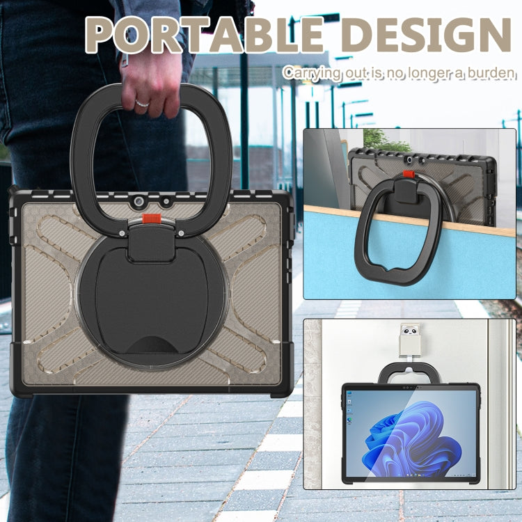 Black-and-gray tablet case with circular handle loop and secure folding stand for travel