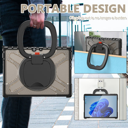 Black-and-gray tablet case with circular handle loop and secure folding stand for travel