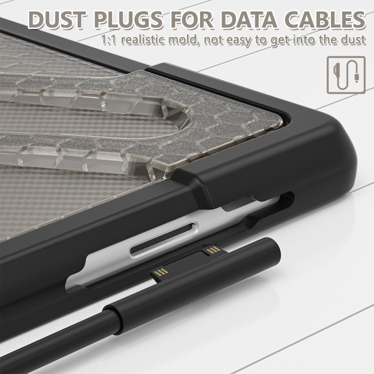 Close-up of rugged tablet case edge with dust plugs for data ports and cable openings