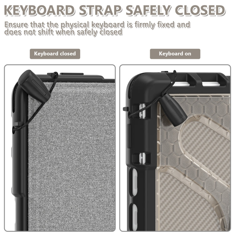 Black keyboard strap cover on gray tablet case to keep keyboard secure when closed