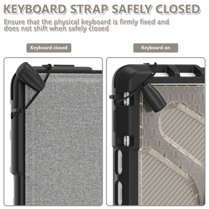 Black keyboard strap cover on gray tablet case to keep keyboard secure when closed