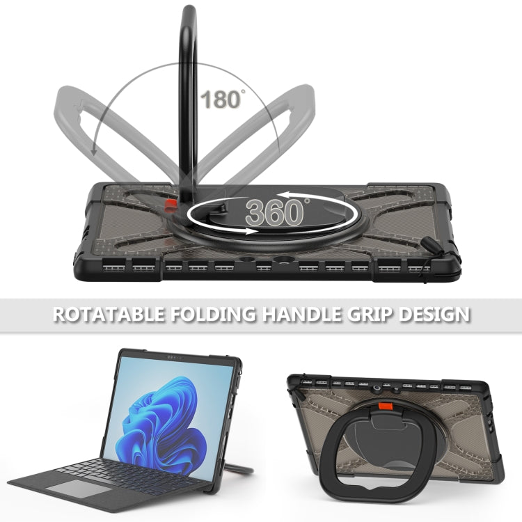 Rotatable 360-degree folding handle design on gray tablet case with kickstand