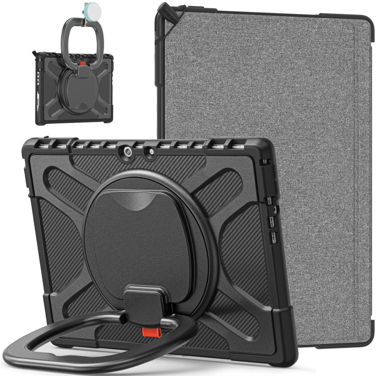Gray tablet case with black textured back, rotatable ring handle, and protective bumper frame