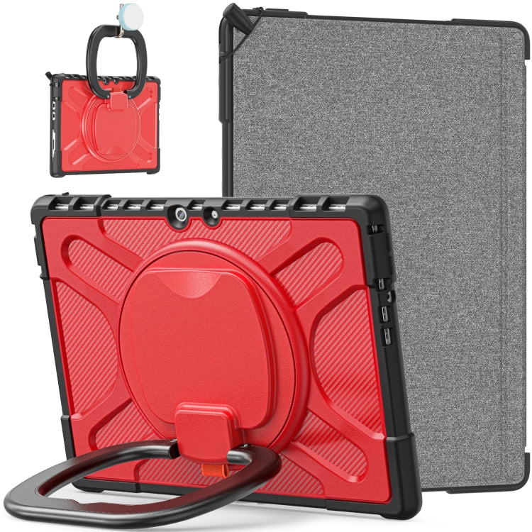 Rugged tablet case with red textured front, gray back, and hand-strap kickstand