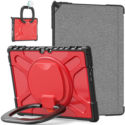 Rugged tablet case with red textured front, gray back, and hand-strap kickstand