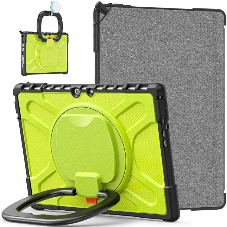 Rugged tablet case with neon green textured front, gray back, and hand-strap kickstand