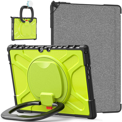 Rugged tablet case with neon green textured front, gray back, and hand-strap kickstand