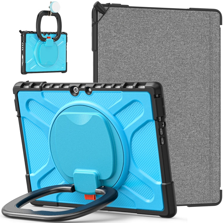 Rugged tablet case with blue textured front, gray back, and hand-strap kickstand