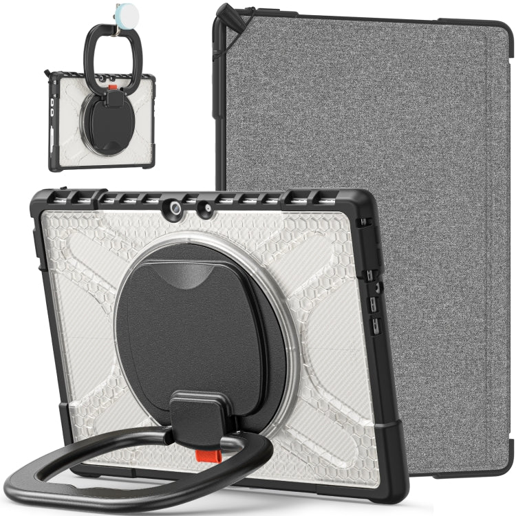 Grey folio tablet case with white textured insert, circular kickstand ring, and strap