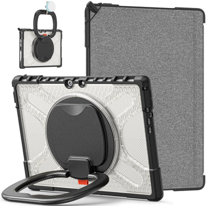 Grey folio tablet case with white textured insert, circular kickstand ring, and strap