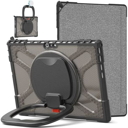 Gray tablet case with black bumper, rotatable handle ring, and textured kickstand support