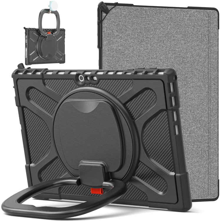 Rugged tablet case with black frame, gray textured back, and hand-strap kickstand