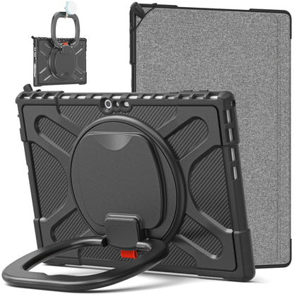 Rugged tablet case with black frame, gray textured back, and hand-strap kickstand